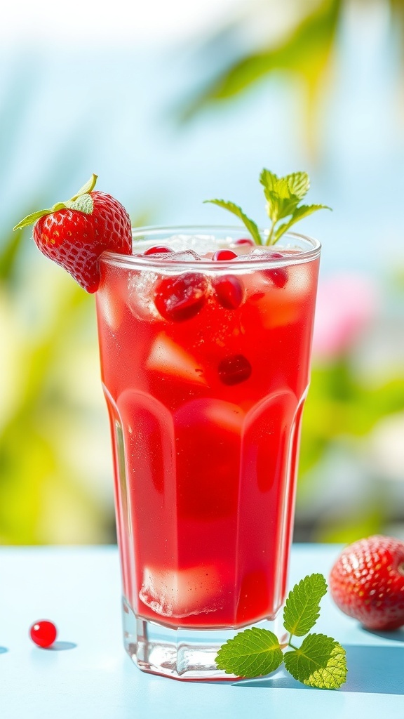 A refreshing Strawberry Pomegranate Fusion drink in a glass with strawberries and pomegranate seeds, garnished with mint.